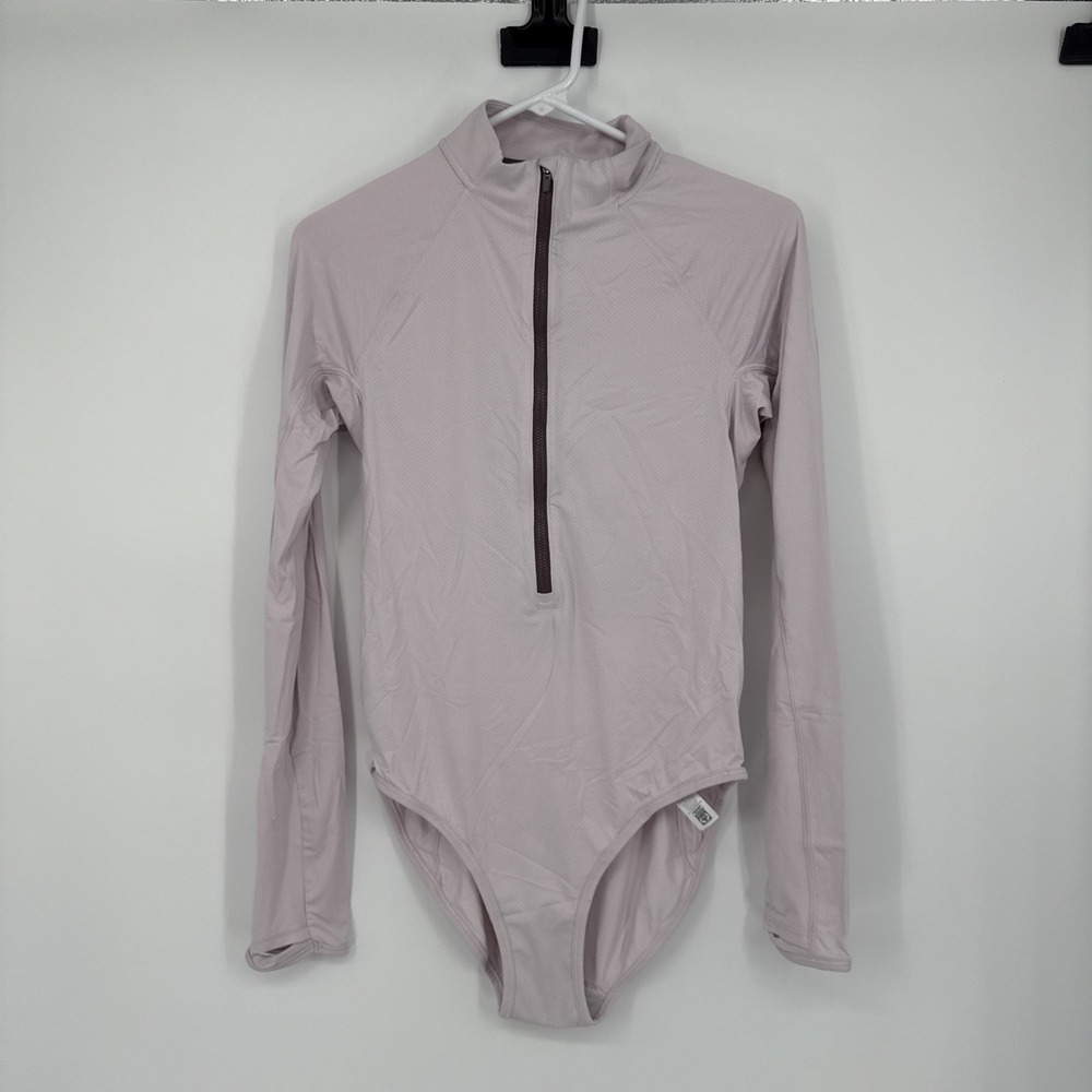 Athleta Endurance Half Zip Bodysuit Women's Medium Lilac Wicking Thumbholes